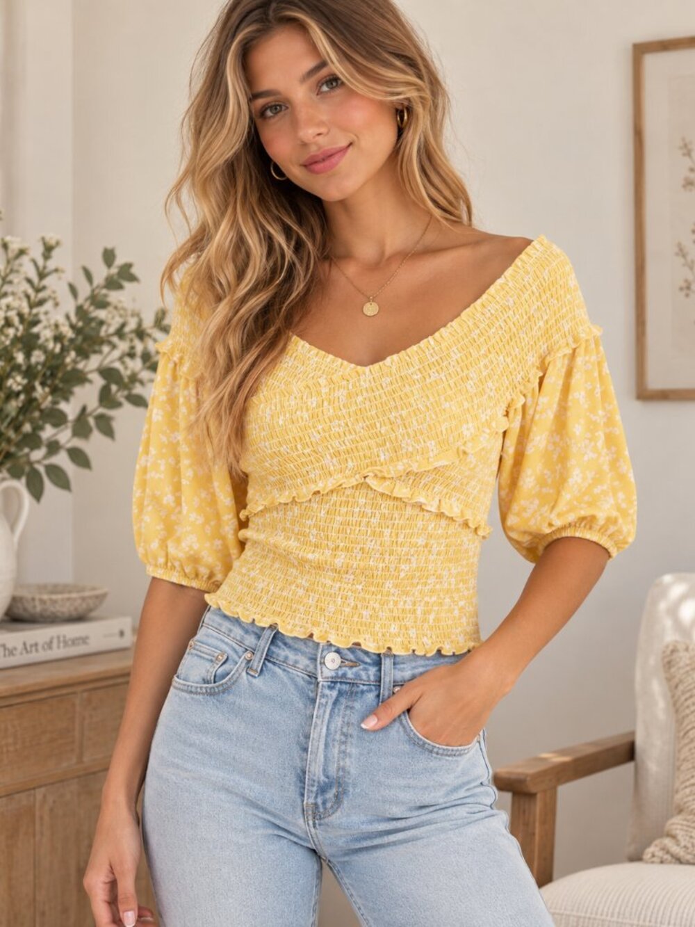 BB Dakota Steve Madden Yellow Floral Smocked Puff Sleeve Top M Cottagecore